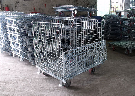 Contenedor de alambre plegable móvil, jaula de alambre de acero con tratamiento de superficie galvanizado